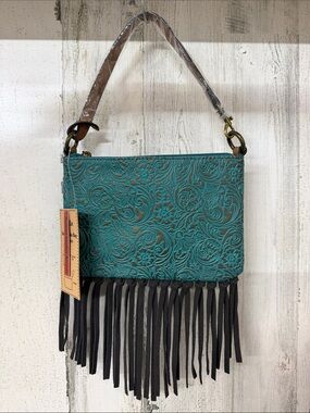 Justin Boots Teal Embossed Fringe Shoulder Bag